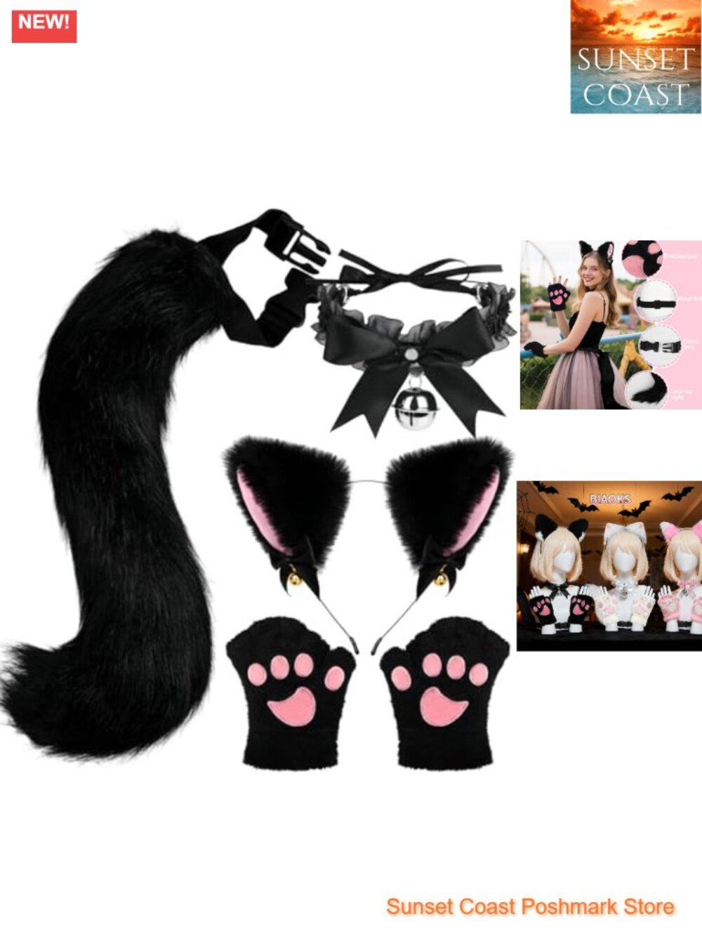 Faux Fur Cat Ears Wolf Fox Tail Bell Choker Set Cosplay Costume
